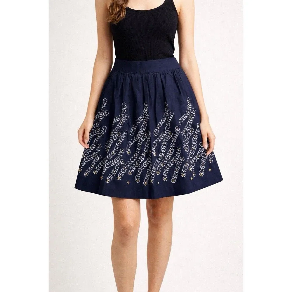Worth Fit Flare Mini Skirt Navy Blue 12 Embroidered Studded Boho A-Line Chic